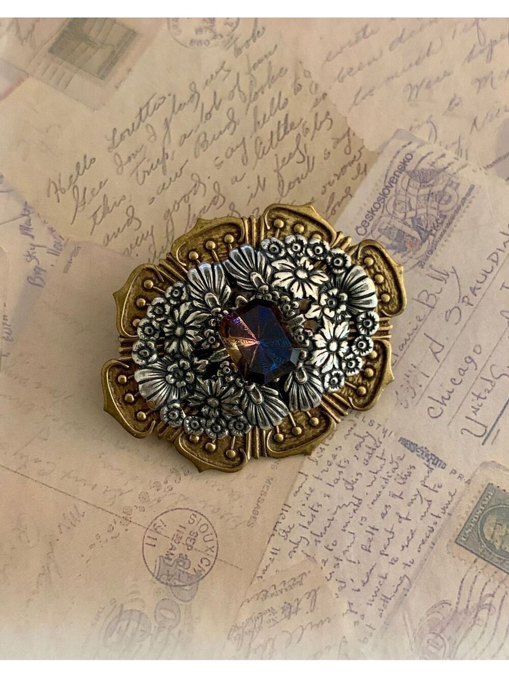 Vintage Art Deco Floral Metal Brooch with Iridescent Gemstone Accent